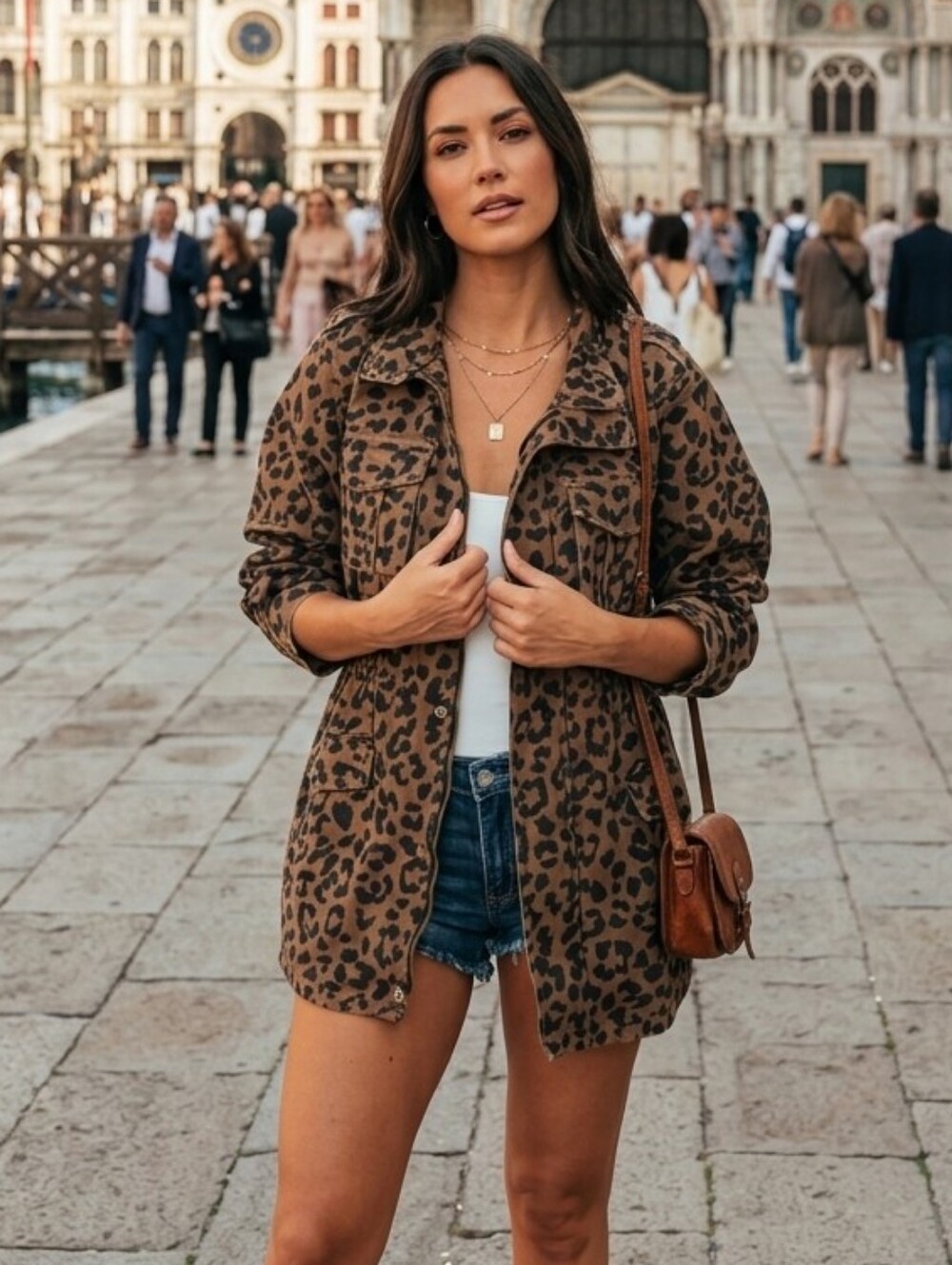 LIME LUSH Walnut Brown Leopard Print Denim Jacket